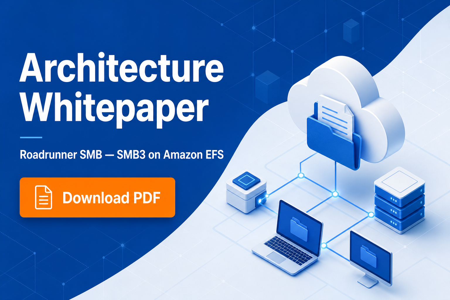 Roadrunner architecture whitepaper cover with file services connected to cloud storage.
